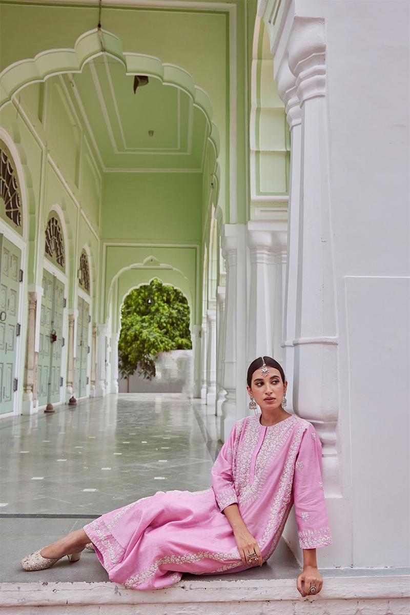 Pink Embroidered Cotton Chanderi Kurta with Kalidar Pants