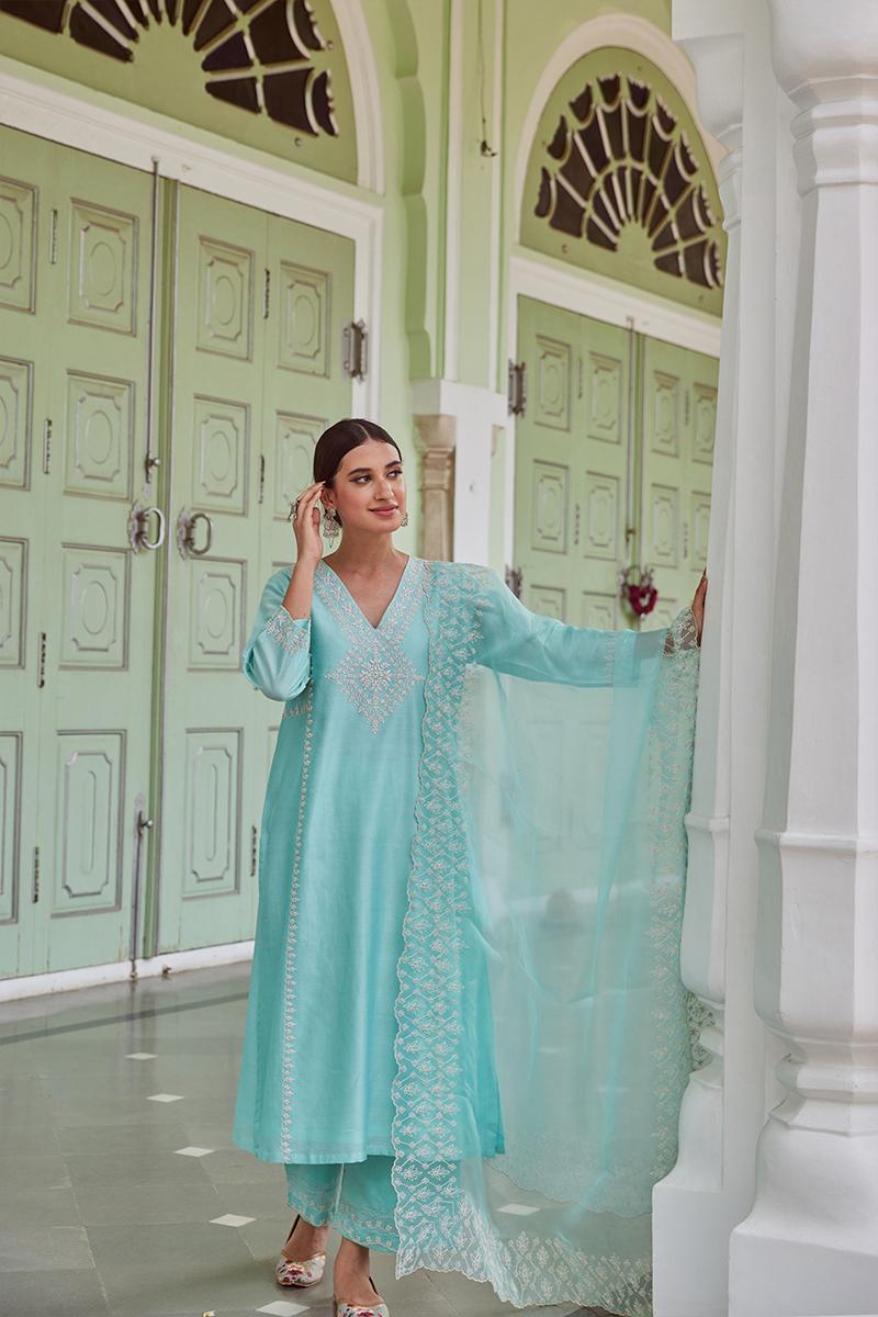 Blue Embroidered Cotton Chanderi Suit with Organza Dupatta