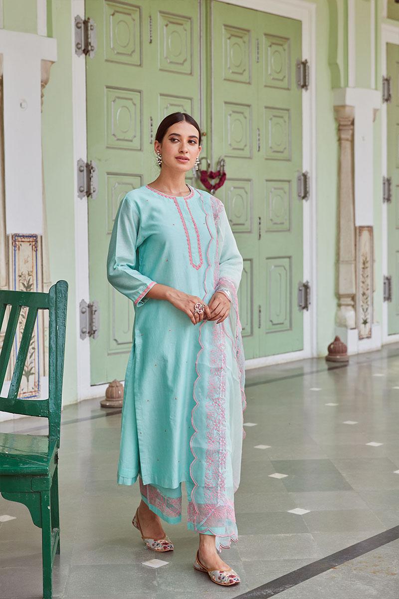 Blue Contrast Coloured Embroidered Cotton Chanderi Suit - Set of 3