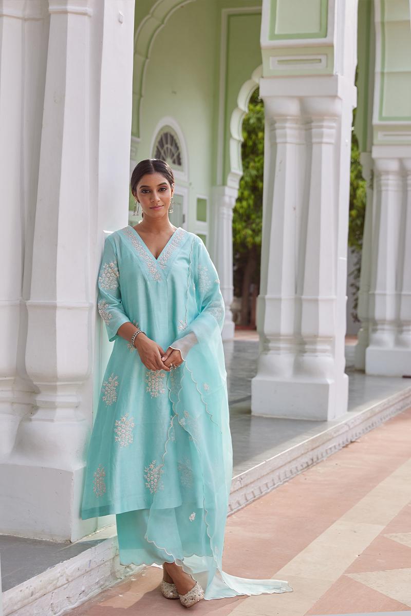 Blue Embroidered Cotton Chanderi Suit with Organza - Set of 3