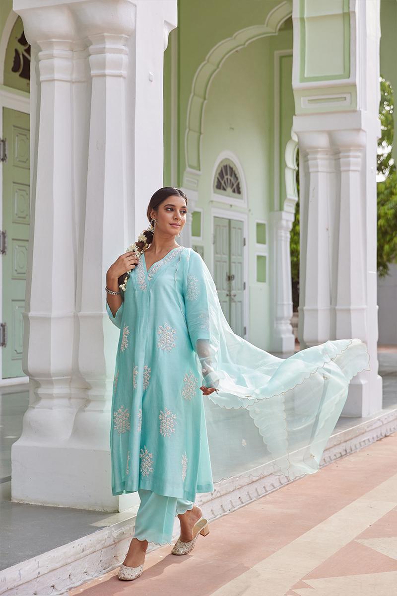 Blue Embroidered Cotton Chanderi Suit with Organza - Set of 3