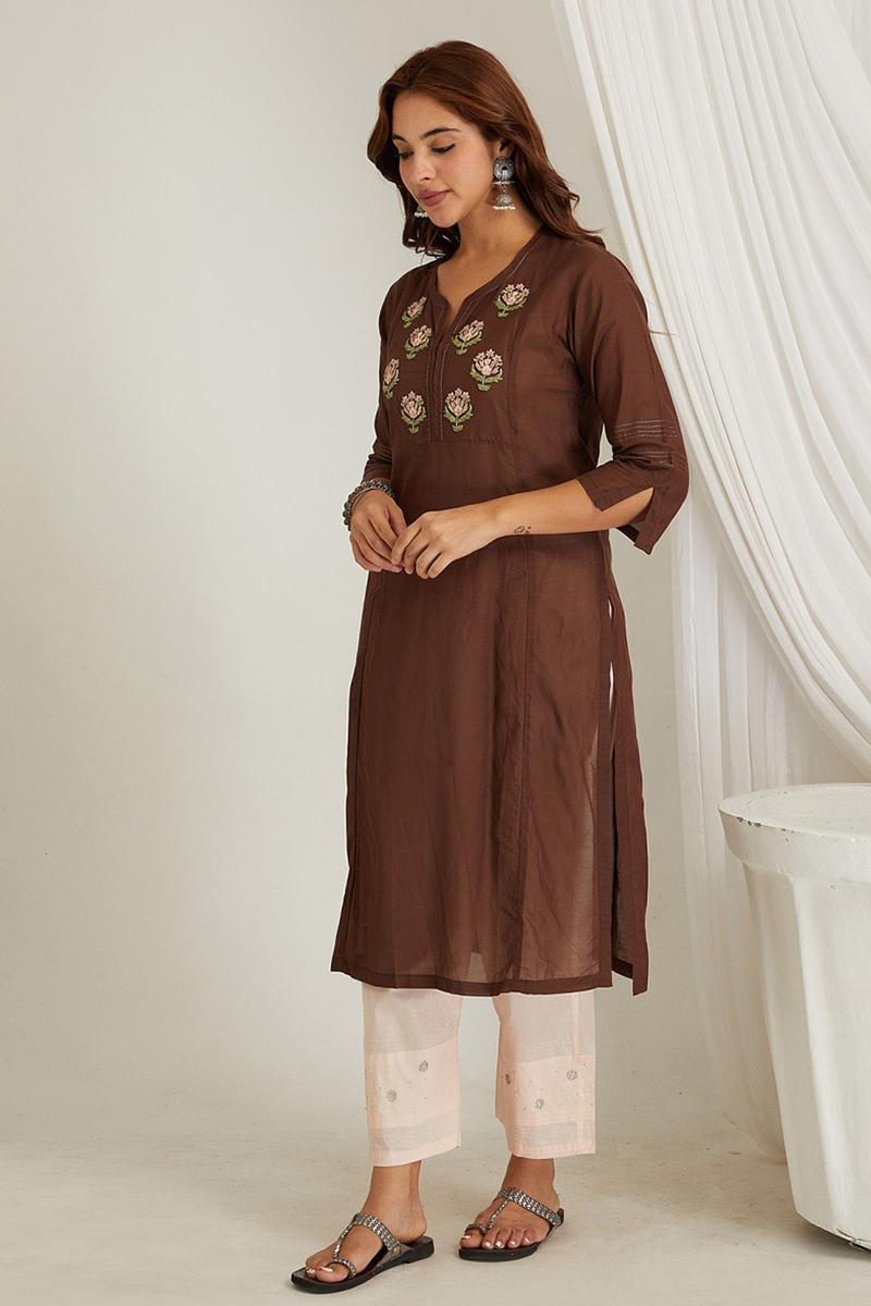 Brown Embroidered Cotton Silk Kurta With Set of 2