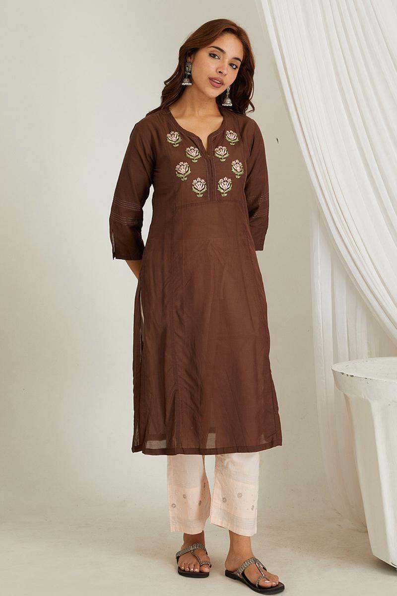 Brown Embroidered Cotton Silk Kurta With Set of 2