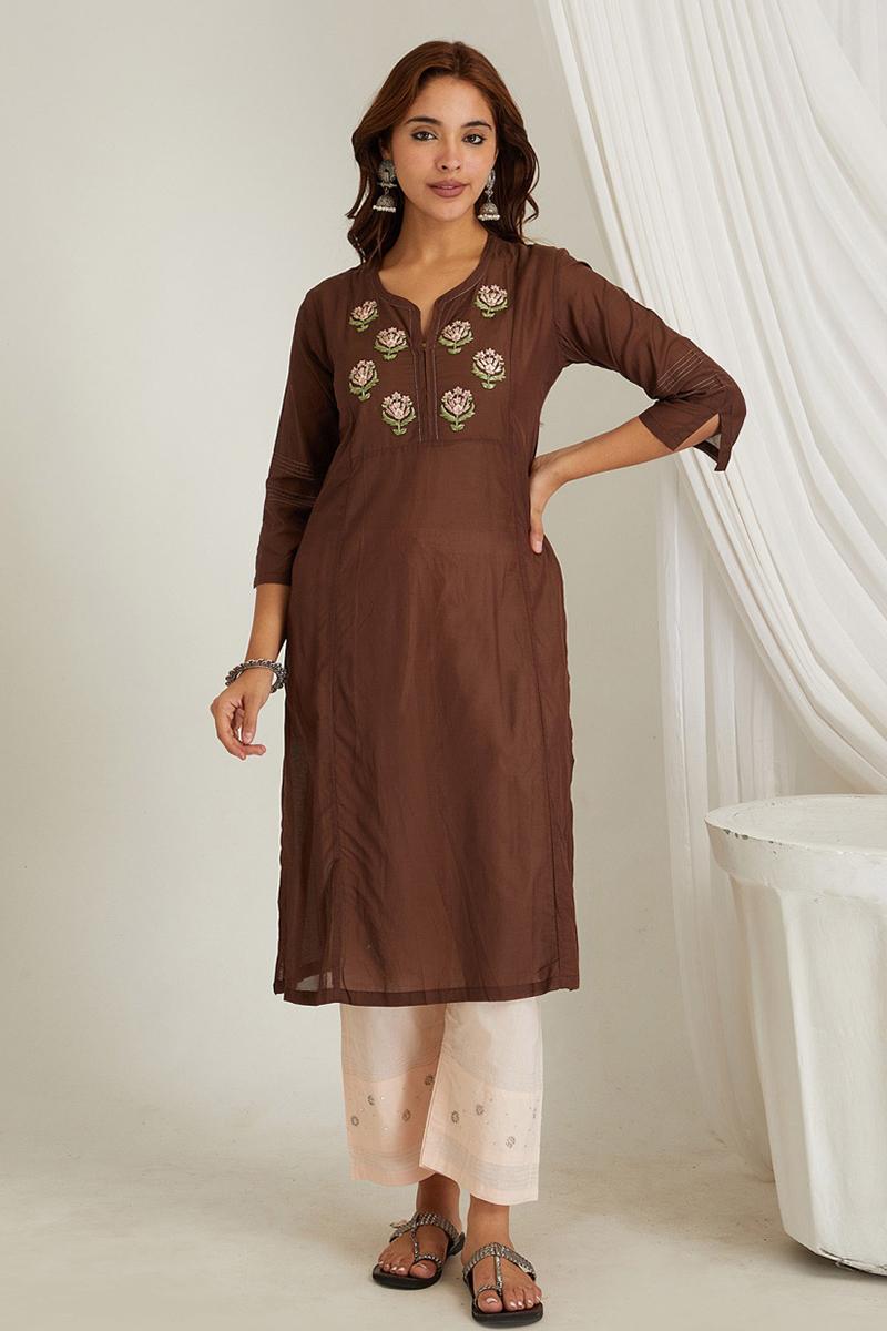 Brown Embroidered Cotton Silk Kurta With Set of 2