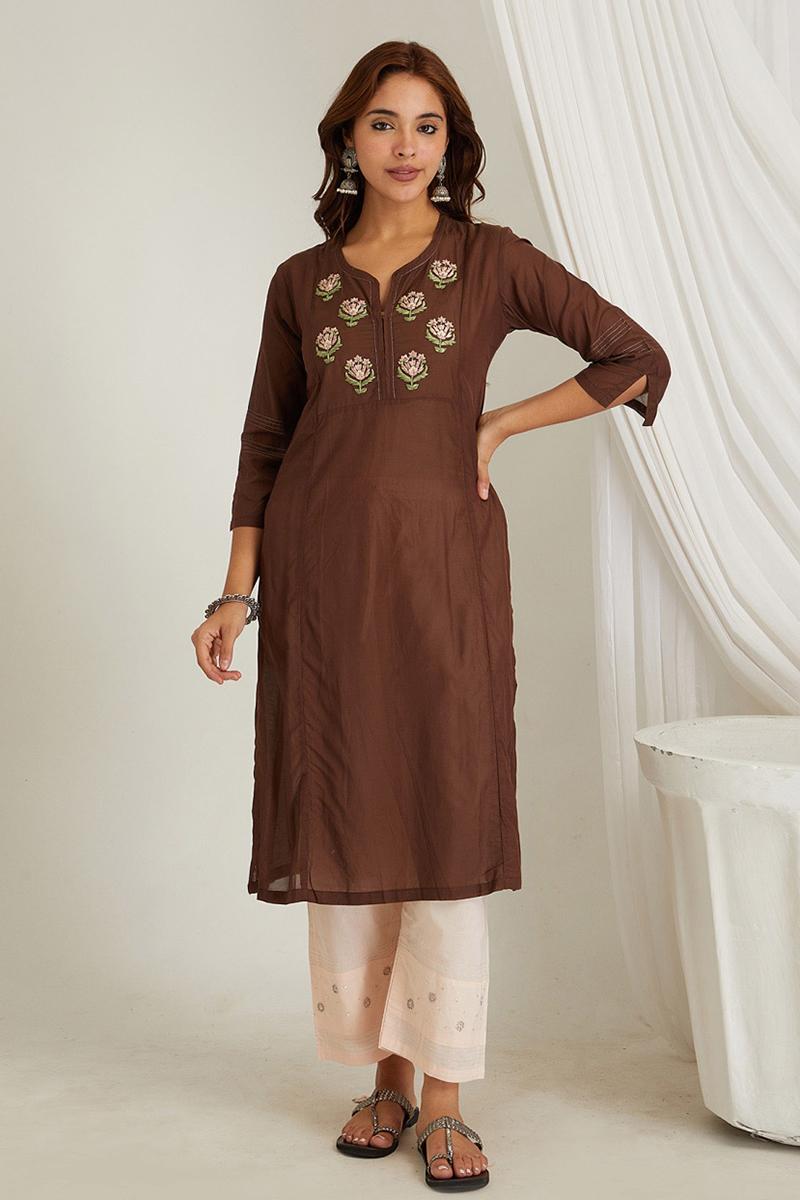 Brown Embroidered Cotton Silk Kurta