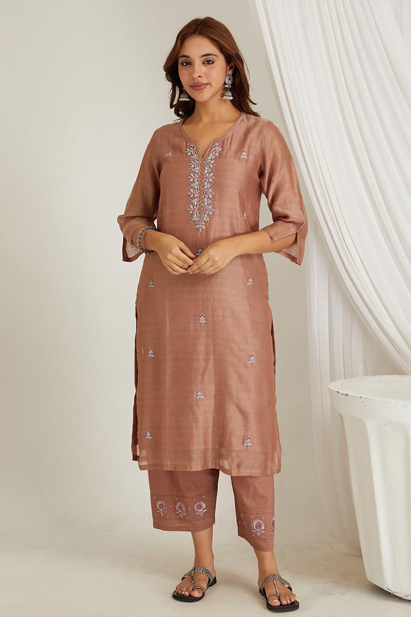 Rust Embroidered Chanderi Kurta Set of 2