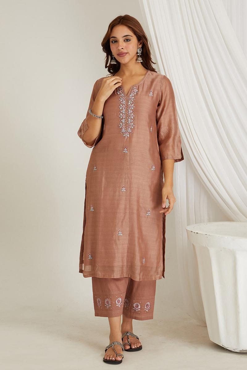 Rust Embroidered Chanderi Kurta