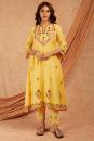 Yellow Chanderi Aari Embroidery Kurta with pants- set of 3