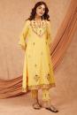 Yellow Chanderi Aari Embroidery Kurta with pants- set of 3