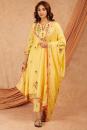 Yellow Chanderi Aari Embroidery Kurta with pants- set of 3