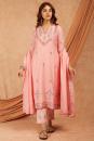 Pink Chanderi Aari Embroidery Kurta with pants- set of 3