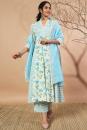 White Blue Printed Cotton Kurta with Pants- Set of 2