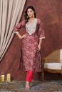 Red Printed Modal Chanderi Embroidered Kurta with Pants- Set of 2