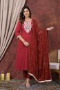 Maroon Cotton Straight Kurta With Zari Embroidery Suit - Set of 3