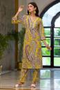 Yellow Printed Cotton Kurta with Pants- Set of 2