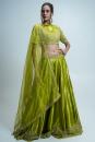 Lime Green Pure Gaji Silk Lehenga Choli with Printed Gaji Dupatta, Stone Zari