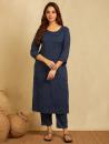 Navy Blue Tonal Applique Embroidered Kurta with scalloped pants