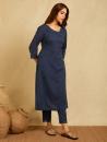 Navy Blue Tonal Applique Embroidered Kurta with scalloped pants