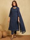 Navy Blue Tonal Applique Embroidered Kurta with scalloped pants and Dupatta