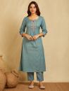 Blue Embroidered Cotton Linen Kurta with Pants - Set of 2