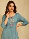 Blue Embroidered Cotton Linen Kurta with Pants - Set of 2