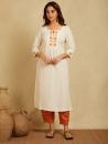 Ivory Embroidered Cotton Linen Kurta with Pants and Dupatta in contrast color - Set of 3