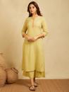 Yellow cotton Dobby Cross-stitch embroidered kurta with pants 