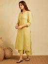 Yellow cotton Dobby Cross-stitch embroidered kurta with pants 