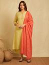 Yellow cotton Dobby Cross-stitch embroidered kurta with pants and Contrast royal blue dupatta