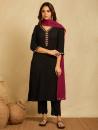 Black V-neck multi color embroidered Kurta with pants and contrast Burgundy dupatta