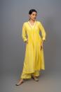 Yellow Hand Embroidered Gathered A-line Cotton Silk Kurta with Pants - Set of 2