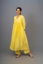 Yellow Hand Embroidered Gathered A-line Cotton Silk Kurta with Pants - Set of 2