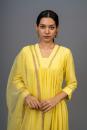 Yellow Hand Embroidered Gathered A-line Cotton Silk Kurta with Pants - Set of 2