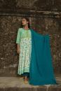 Sea Green Off White Hand Block Printed Cotton Kurta with Teal Blue Pants and Mulmul Dupatta - Set of 3