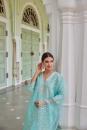 Blue Embroidered Cotton Chanderi Suit with Organza Dupatta