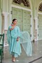 Blue Embroidered Cotton Chanderi Suit with Organza Dupatta - set of 3