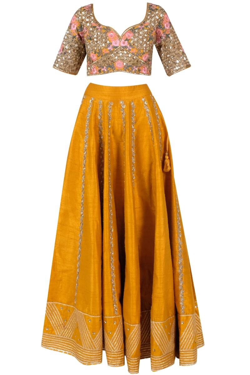 Mustard lehenga set Design by Neha Khullar at Modvey